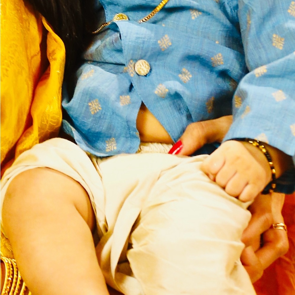 Blue and Gold Indian Traditional Dhothi and Kurtha set for baby boys